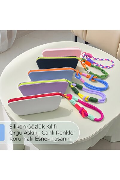 Genel Markalar Renkli Örgü Bileklik Askılı Silikon Gözlük Kılıfı Fermuarlı Su...