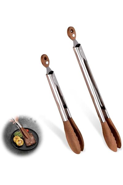 Tazweeq 2 Pcs Heat Resistant Kitchen Tongs for Cooking, Premium Wooden Lockin...