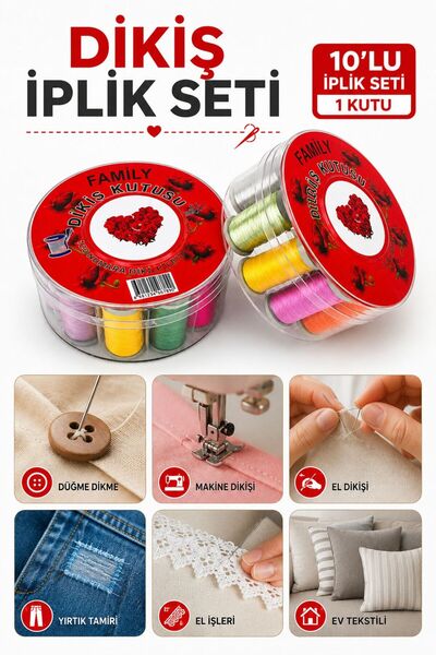 BuradaBuldun Sewing Box 10 Colors Sewing Thread Set