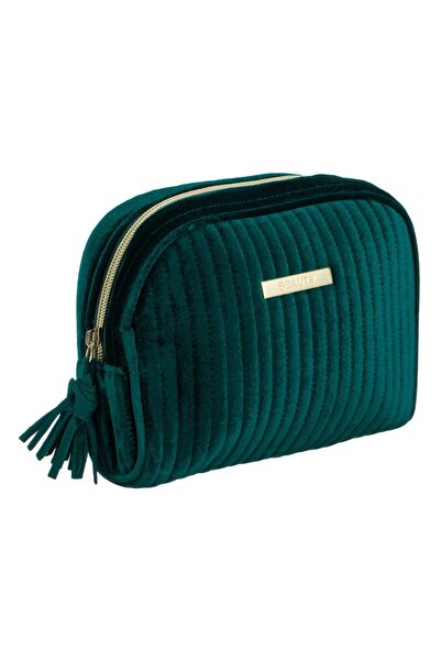 OEM Trusă cosmetică din catifea, verde, cu design striat, 19x6x16cm
