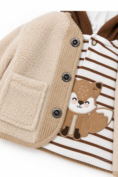 LİLİYUM Boy's 3-Piece Set Plush Coat Squirrel Patterned Striped Top Brown Trousers