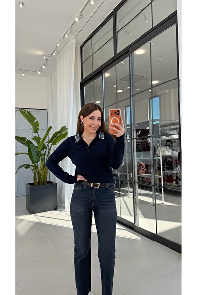 elif teke Polo Collar Knitwear with Zınbalı Stones in Navy Blue