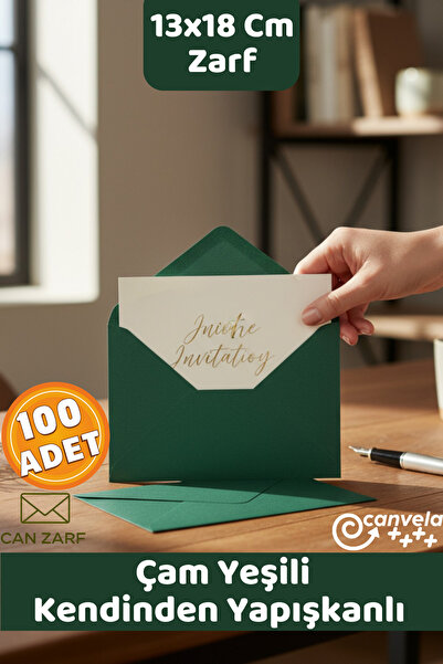 CAN ZARF 100 Adet Çam Yeşili Zarf Kendinden Yapışkanlı 13x18 cm Mektup Kartpo...