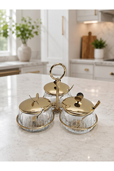 Hinora 3-Piece Glass Spice Rack Set with Brass Stand and Spoon – 21X21X19 cm