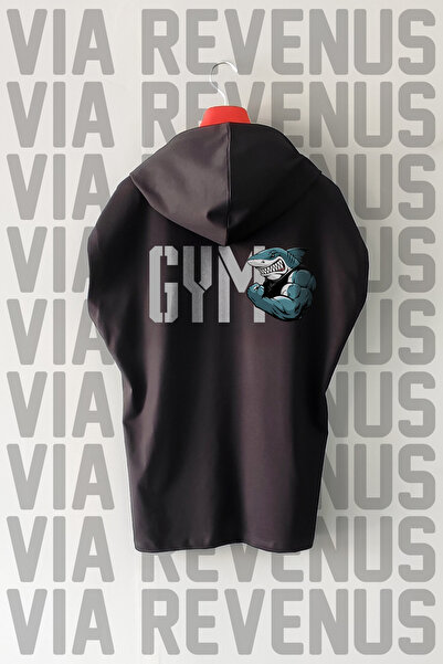 Vordevia Muscle Shark Gym Fitness Tricou sport cu glugă, imprimat față și spa...