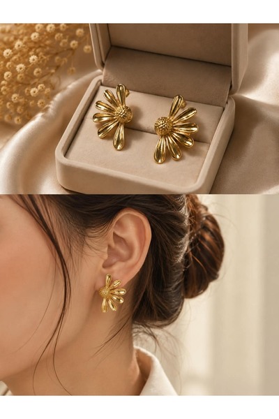 Diar Aksesuar Gold Yarım Papatya Model Yaz Koleksiyonu Kadın Küpe Özel Şık Ta...