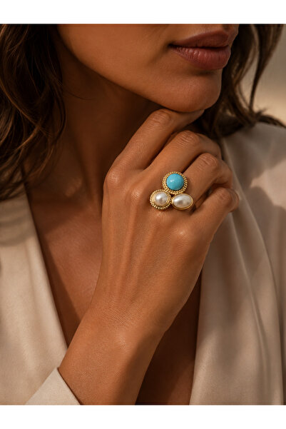 POSEİDONS JEWELLERY Premium Gold Turquoise Stone Pearl Detailed Statement Des...