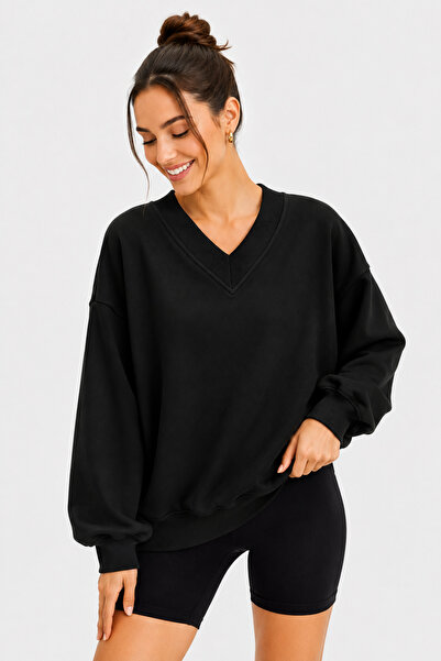 Kadın Oversize V Yaka Şardonlu Sweatshirt