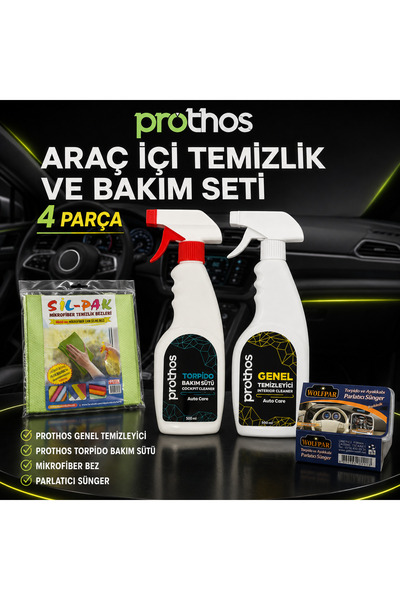 Prothos Araç İçi Temizlik ve Bakım Seti 4 Parça – Genel Temizleyici 500 ml, T...