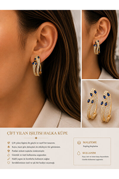 xUPING BURCU JEWELRY Serpentina Çift Yılan Göz Taşlı Gold Halka Küpe