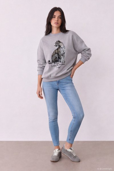 Quzu Printed Embroidery Detailed Sweatshirt Gray Melange
