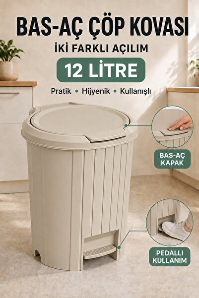 Funny Life 12 Litre Bas-Aç Kapaklı ve Pedallı Çöp Kovası Mutfak Banyo Poşet S...