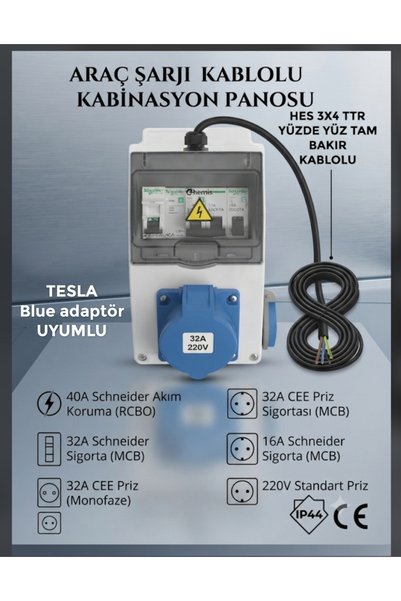 DC-ELEKTRO SİGORTALI (50 METRE) 3x4 TTR TAM BAKIR HES KABLOLU 7.5 kW-32 AMPER ELEKTRİKLİ ARAÇ ŞARJI KOMBİNASYON PANOSU EV CHARGER MAVİ PRİZLİ