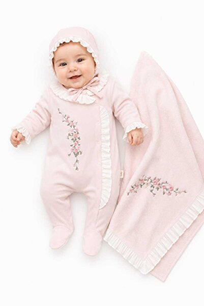 LİLİYUM Floral Embroidered Lace Detailed 3-Piece Organic Hospital Discharge S...