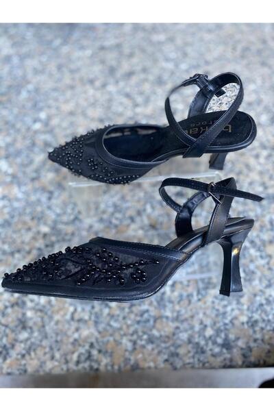 Aysun Ayakkabı Black Outer Material, Low-Cut Design, and Stone Accessories, Lace-Up, Goblet Heel Women's Shoes