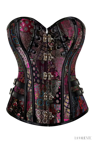 LA VALİENTE Premium - Bordo Kadın Etnik Desenli Metal Tokalı Vintage Korse Bü...