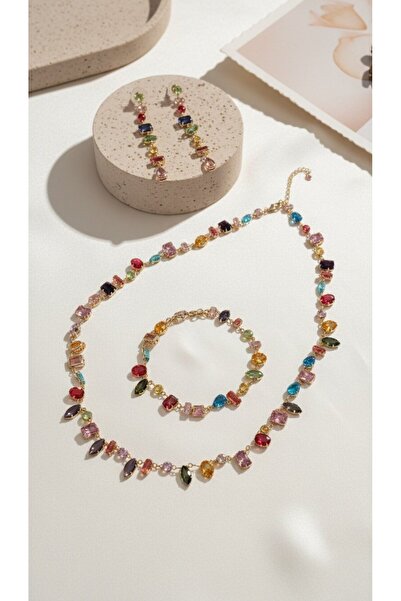 SR Jewelry Box ✨ Renkli Zirkon Taşlı Kadın Takı Seti – Kolye, Bileklik ve Küp...