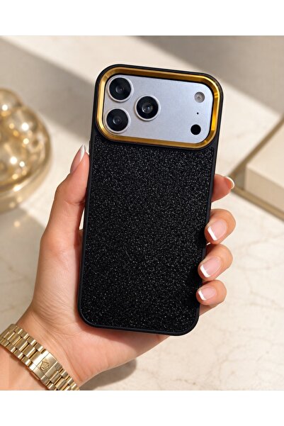 KILIF HOUSE Iphone 17 Pro Max Uyumlu Gold Çerçeveli Simli Işıltılı Parlak Lük...