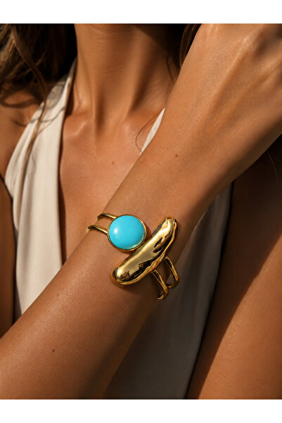 POSEİDONS JEWELLERY Women's Gold Turquoise Stone Modern Design Statement Brac...