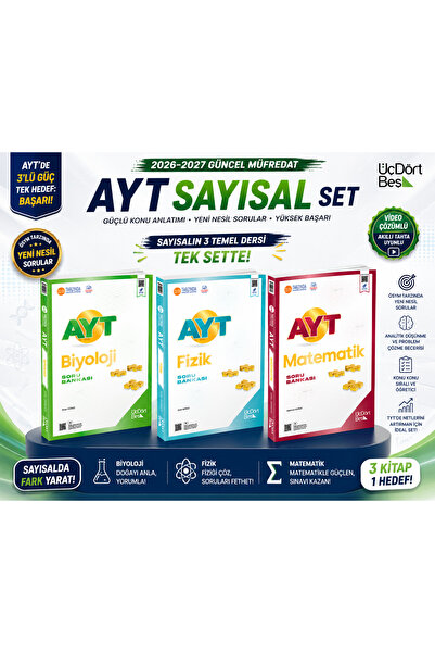 ÜçDörtBeş Yayınları Ayt Sayısal Soru Bankası 3’lü Set | Matematik + Fizik + Biyoloji | 2026-2027 Güncel Müfredat | Ösym Tarzı