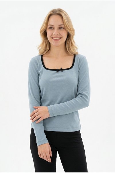 Generic Brand Bluză de damă cu mânecă lungă, cu guler pătrat, cu detalii de panglici și funde, din țesătură tip camisole