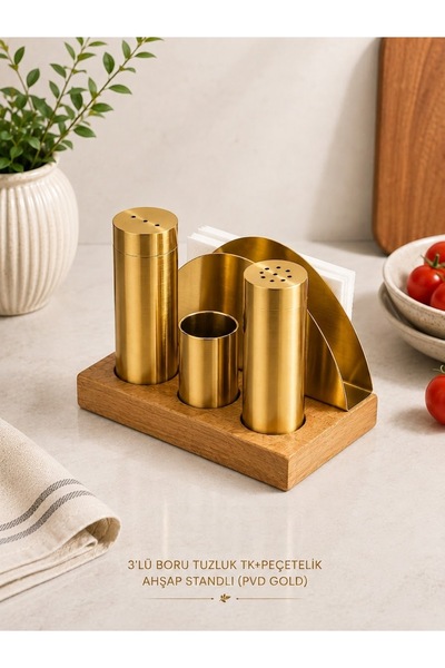 Genel Markalar (2 ADET) 3'LÜ BORU TUZLUK TK+PEÇETELİK AHŞAP STANDLI (PVD GOLD)
