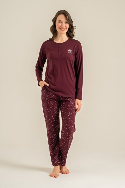 Arnetta Kadın Uzun Kol 3 Düğmeli Modal Kumaş Pijama Takımı(Göz Bandı Hediyeli)