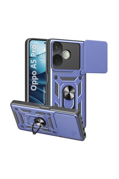 HANPORIUM Oppo A5 Pro Uyumlu Tank Kılıf Yüzüklü Standlı Extra Darbe Koruma Zırhlı Outdoor Kapak Lacivert