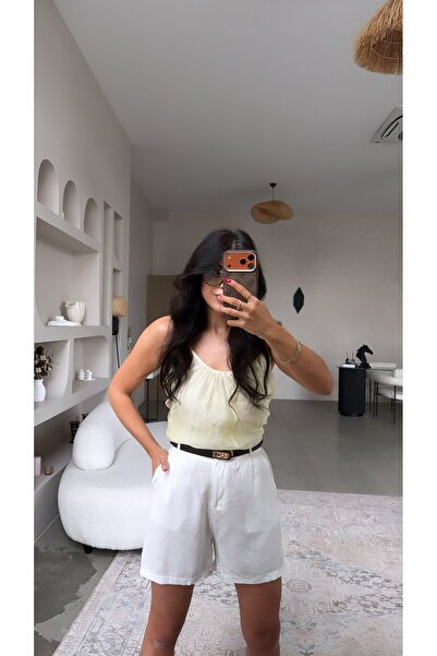 Buket Teke White Linen Premium Belted Shorts