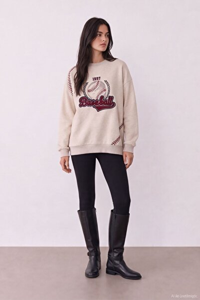 Quzu Printed Embroidery Detailed Sweatshirt Beige Melange