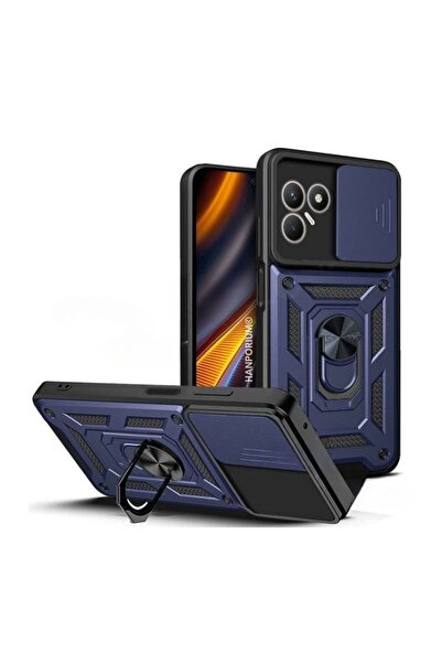 HANPORIUM Tecno Pova 8 Uyumlu Tank Kılıf Yüzük Standlı Extra Darbe Koruma Zırhlı Outdoor Kapak Lacivert
