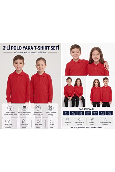 secret touch 2'li Paket Kız Erkek Çocuk %100 Pamuk Lakos Uzun Kollu Polo Yaka...