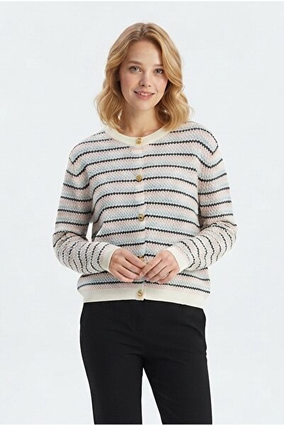 GurkStore Women's Buttoned Striped Patterned Crew Neck Long Sleeve Knitwear C...