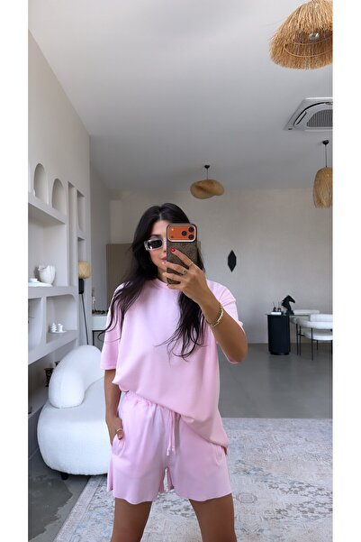 Buket Teke Pink Elastic Waist Cotton Shorts