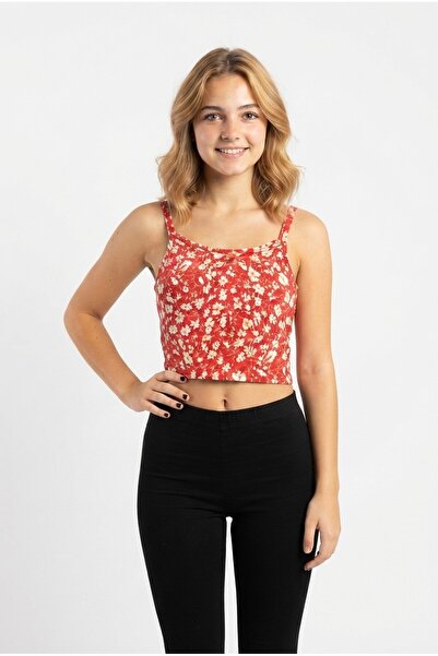 Şeker Portakalım Women's Floral Patterned Thin Strap Stretch Fabric Sleeveles...