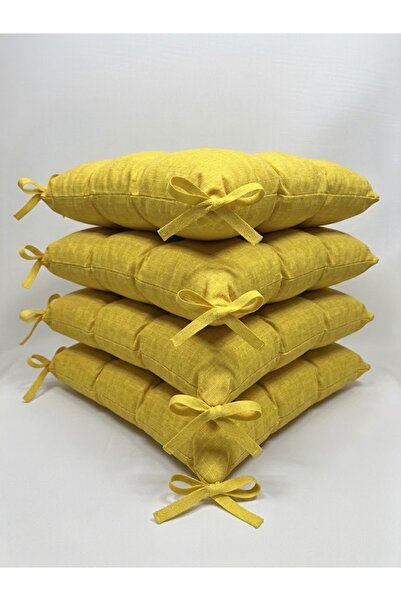 Moab 4lü Set , Sarı Rahat Pofidik Sandalye Minderi Kare 40 X 40 Cm Bağcıklı