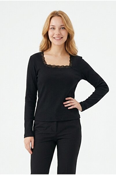 Şeker Portakalım Women's Square Neck Lace Detailed Ribbed Camisole Fabric Lon...
