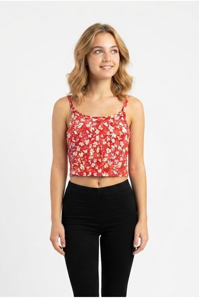 Generic Brand Top crop pentru femei, cu model floral, cu bretele subțiri, din material elastic, fără mâneci, de vară, casual, model bustieră