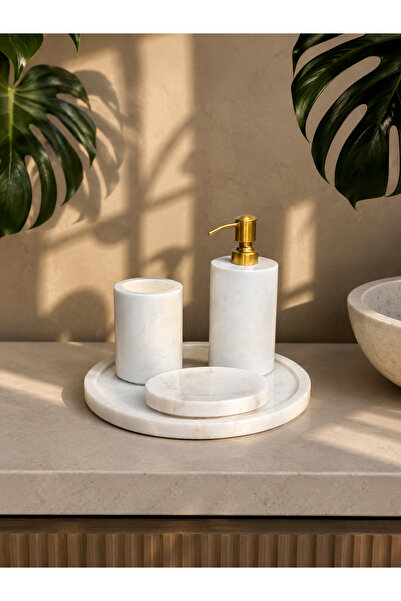 Hinora 4-Piece White Marble Bathroom Set with Gold Pump Liquid Soap Dispenser...