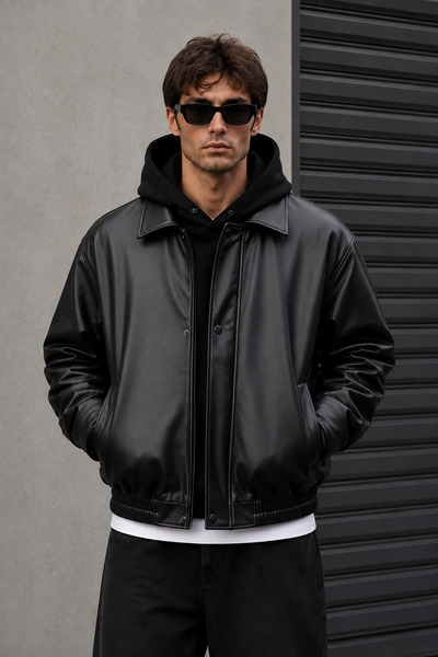 Montivo Men's Black Oversize Leather Jacket – Bomber Collar Premium Streetwea...