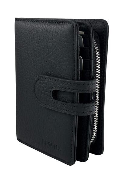S.S SÜZER DERİ Black Genuine Leather Double Folded Wallet with Snap Fasteners...