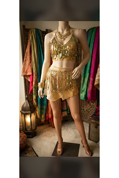Butik Pullu ve Püsküllü Gold Dans / Festival Kemer Etek büstiyer (Oryantal & ...