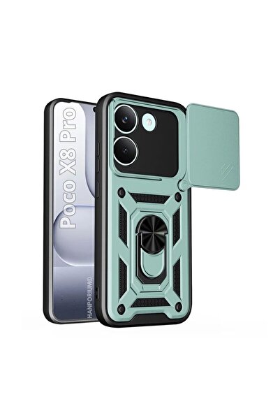 HANPORIUM Poco X8 Pro Uyumlu Tank Kılıf Yüzüklü Standlı Extra Darbe Koruma Zırhlı Outdoor Kapak Yeşil