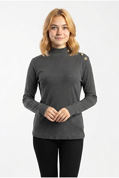 Şeker Portakalım Women's Collar Button Detail Accessory Ribbed Long Sleeve Bl...