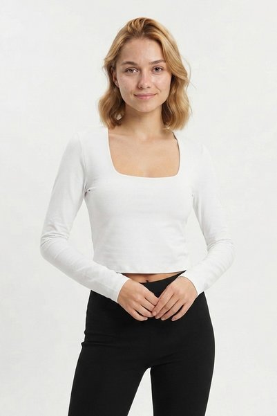 Generic Brand Women's Square Neck Stretchy Lycra Long Sleeve Crop Blouse