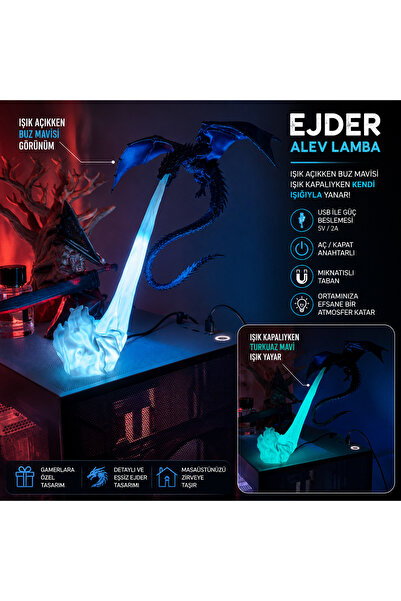 SEKO COMPANY Ejderha LED Fosforlu Mavi Işıklı Gamer Oyuncu Aksesuarı Mıknatıs...