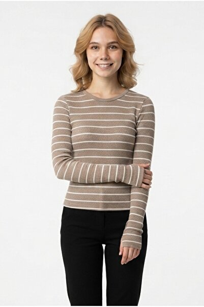 GurkStore Women's Striped Crew Neck Lycra Long Sleeve Blouse with Thumbholes