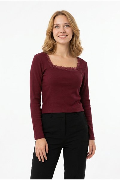 Generic Brand Women's Square Neck Lace Detailed Ribbed Camisole Fabric Long Sleeve Blouse