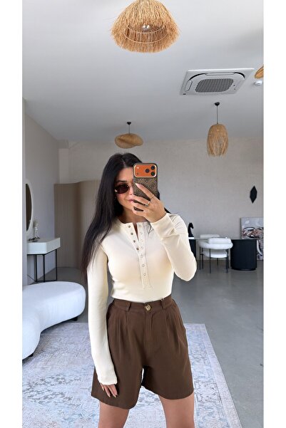Buket Teke Brown Gabardine Shorts with Elastic Back