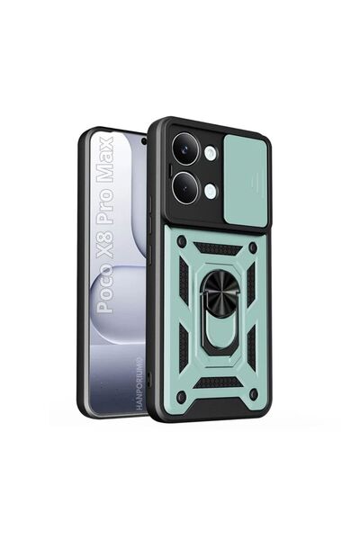 HANPORIUM Poco X8 Pro Max Uyumlu Tank Kılıf Yüzük Standlı Extra Darbe Koruma Zırhlı Outdoor Kapak Yeşil